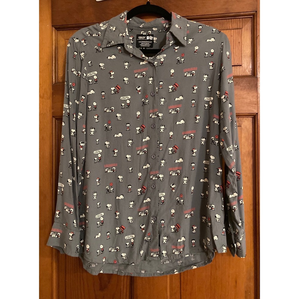 The Souled Store Womens M Gray Peanuts Snoopy Graphic Rayon Button Down Shirt